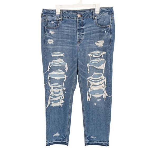American Eagle Tomgirl Distressed Jeans Women Size 16R Frayed Festival Y2K Edgy - Picture 1 of 11